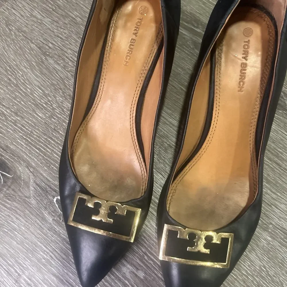 Tory Burch Gigi Black Pointed Toe Heels with Gold Logo 8